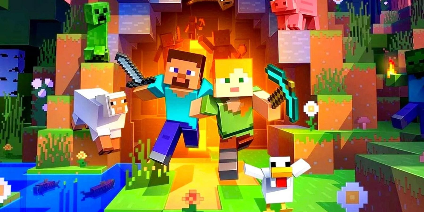 Изображение из Minecraft, показывающее, как Стив и Алекс выбегают из пещеры.