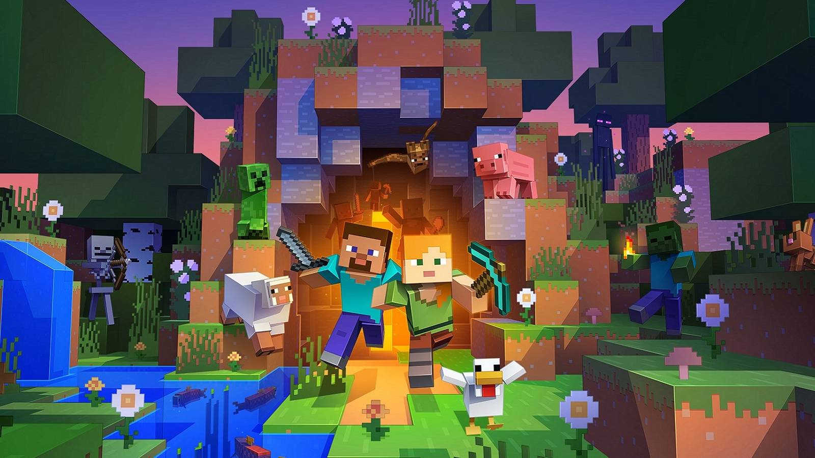An image from the Minecraft launcher showing Steve and Alex emerging from a cave entrance.