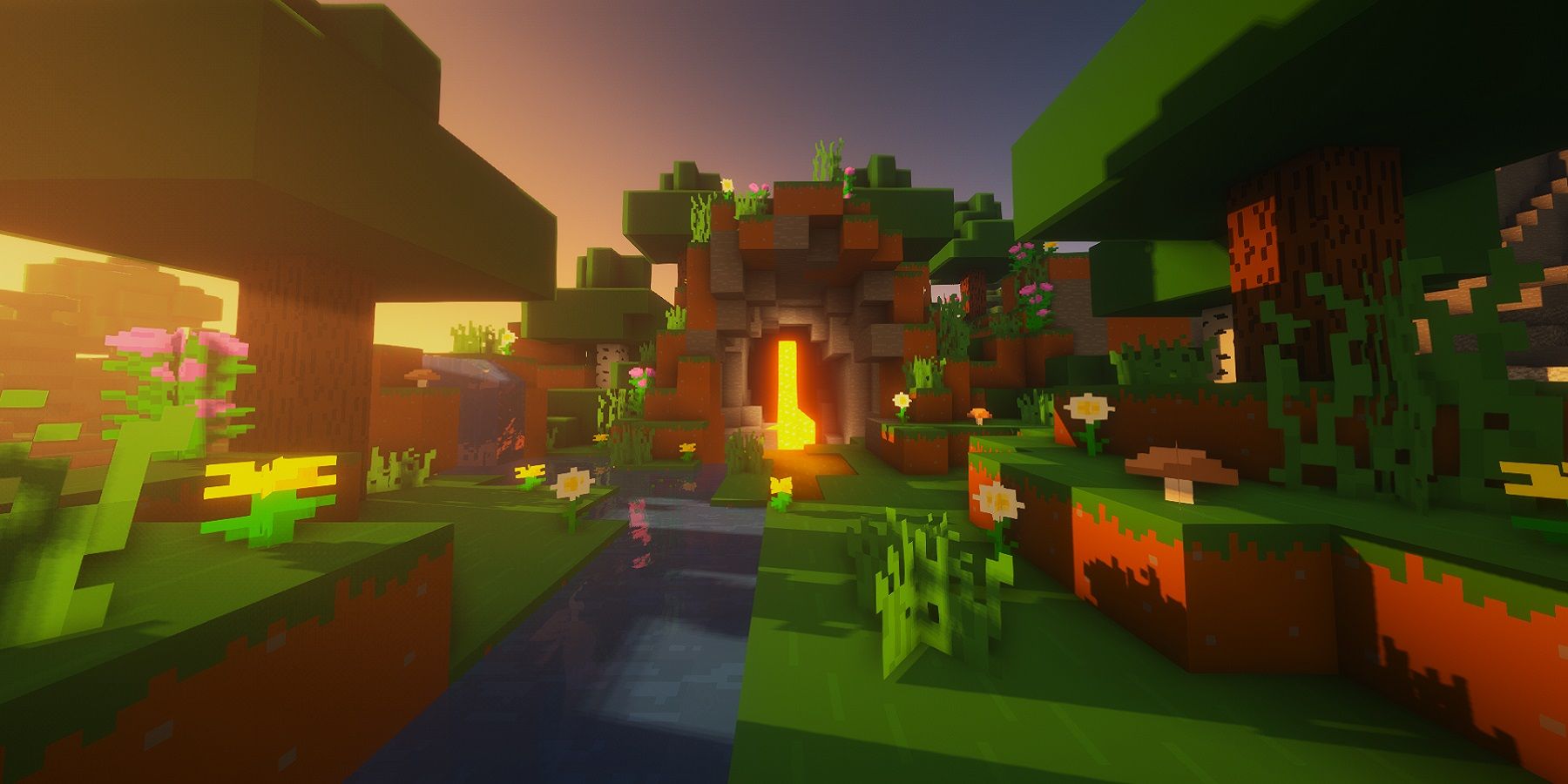 An image from Minecraft showing the laval-filled cave as seen in the game's official launcher.
