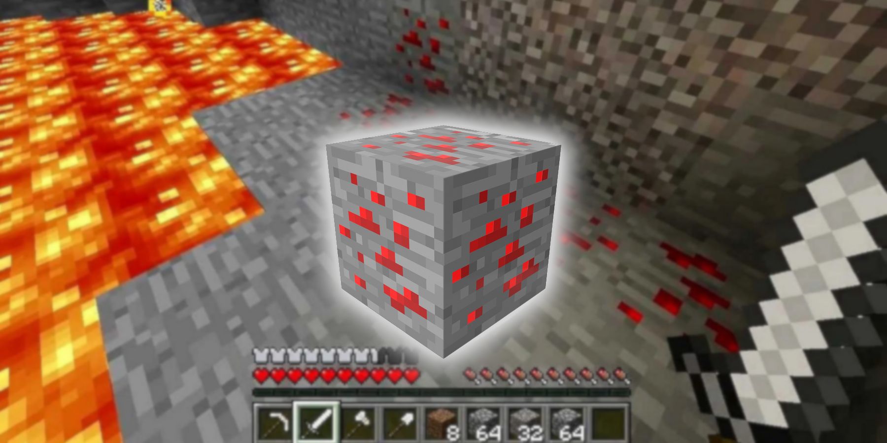 Screenshot from Minecraft showing a glowing redstone block in the center.
