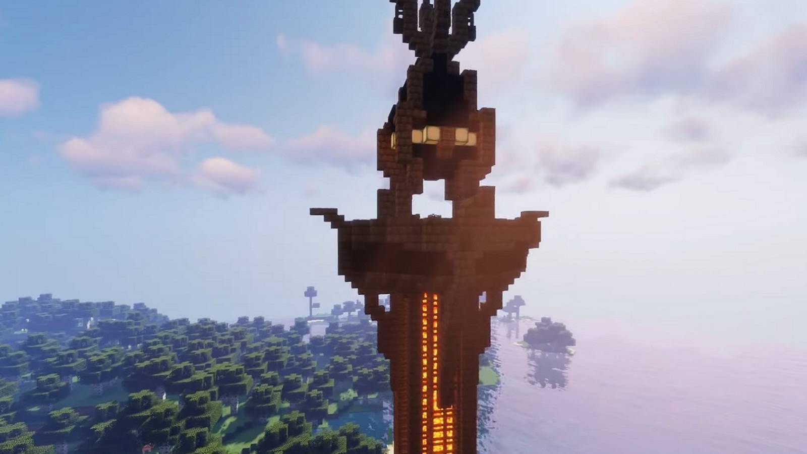An image of Breath of the Wild's Sheikah Tower built in Minecraft.