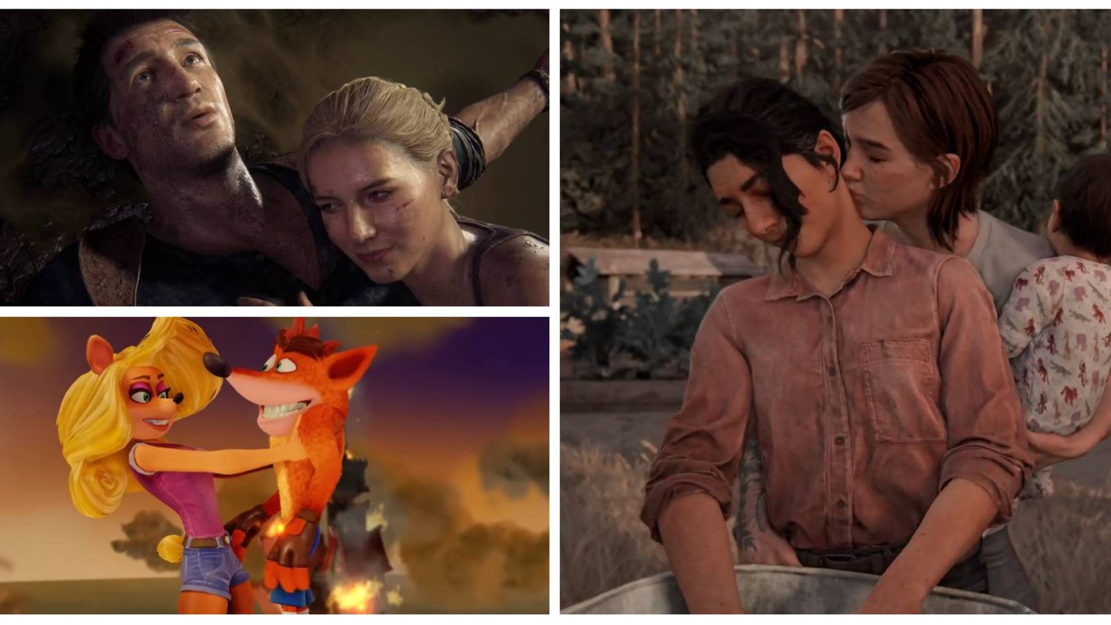 nathan drake and elena, crash and tawna, ellie and dina