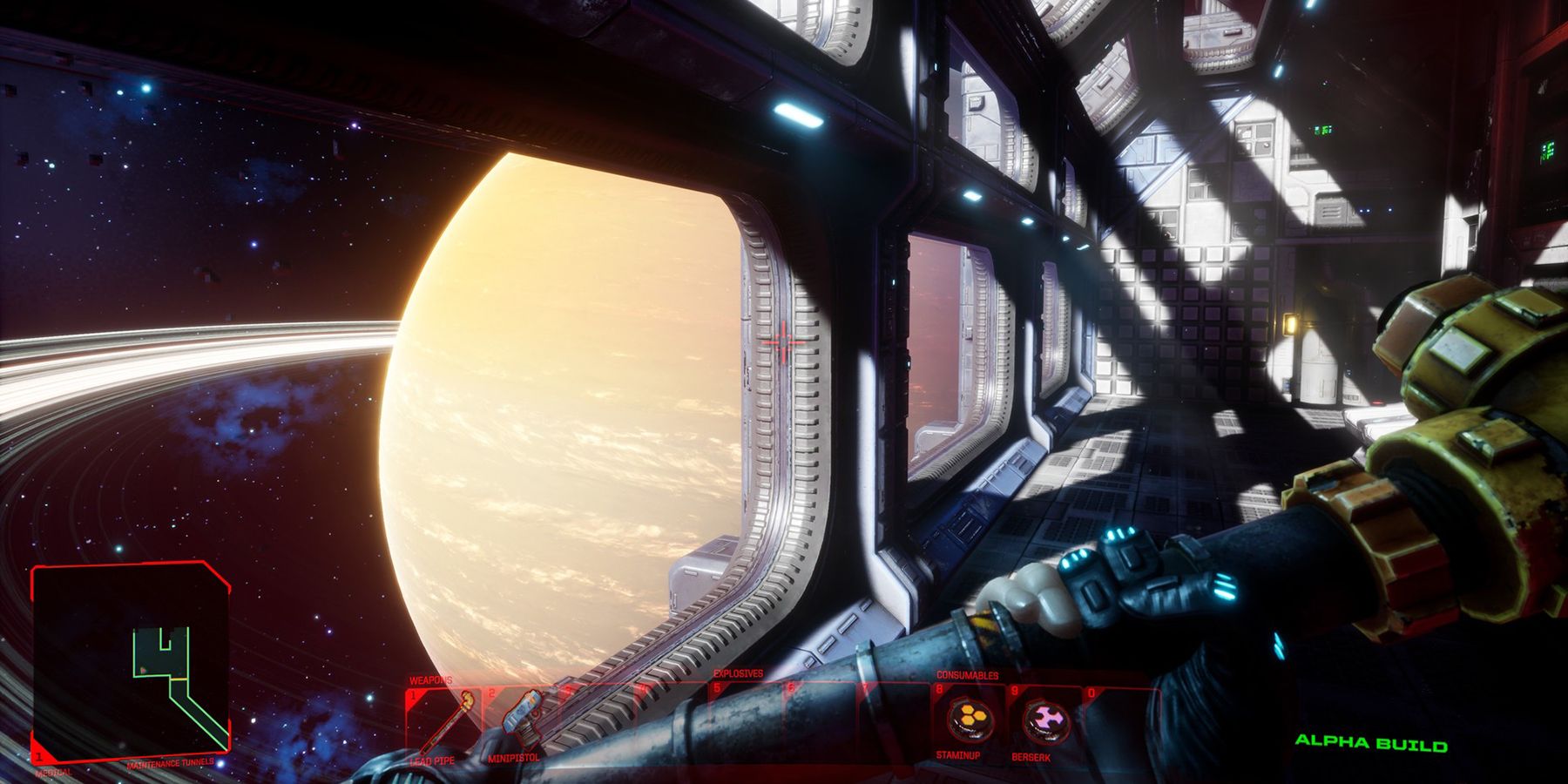nightdive studio system shock remaster screenshot of player looking out space station window