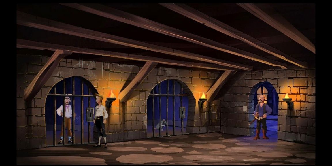 Guybrush talks to Otis in jail with Fester Shinetop watching on