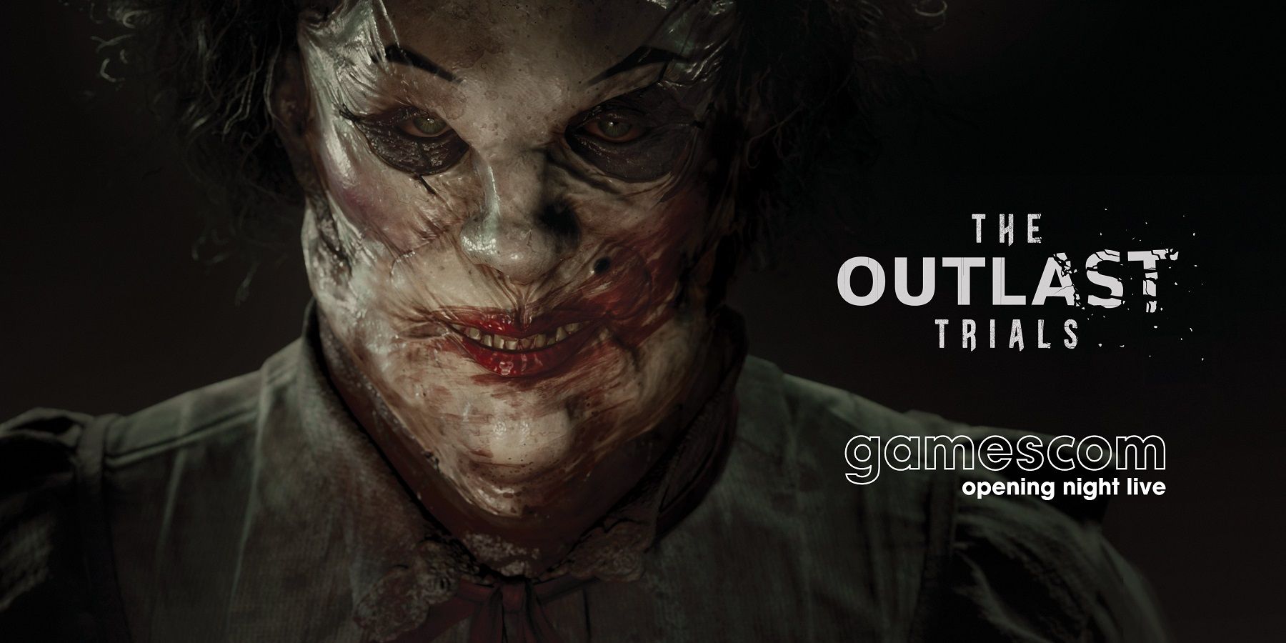 An image from Outlast Trials showing someone wearing a very creepy clown mask.