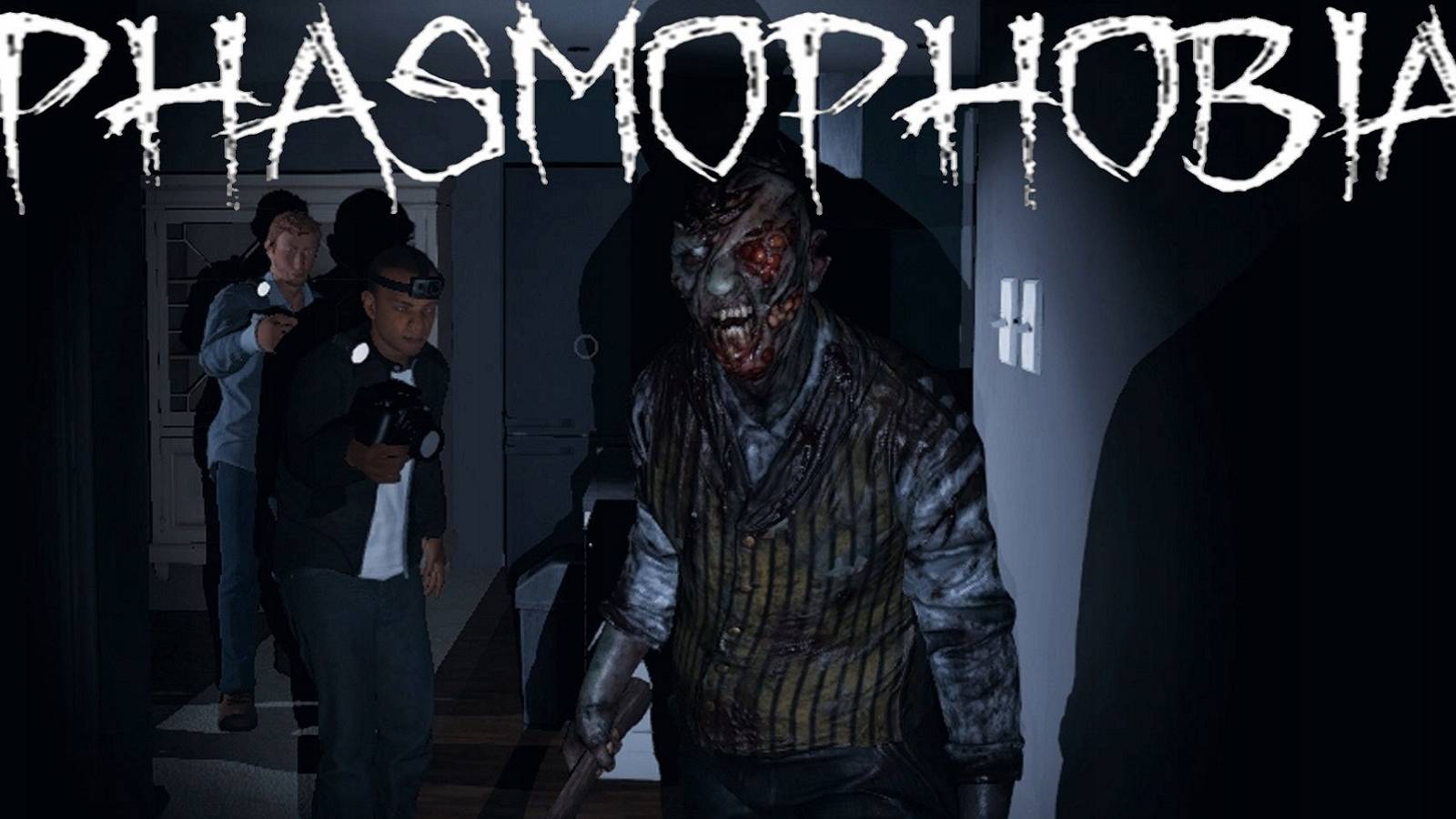An image from Phasmophobia showing players appraoching a creepy looking ghost.