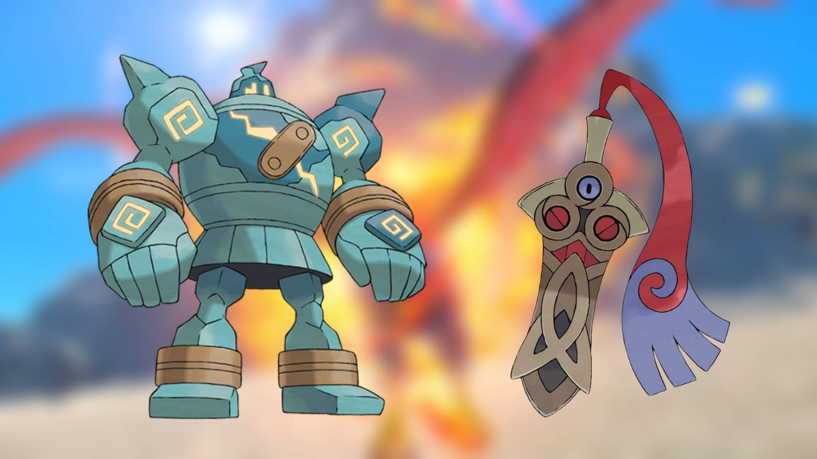 pokemon scarlet and violet leak riddler khu gen 9 version-exclusive evolution new fire pokemon fiery warrior flaming sword complete design fusion