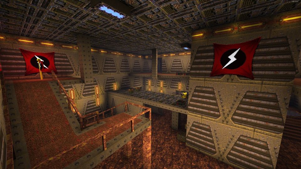 Screenshot from Quake showing one of the capture the flag levels.