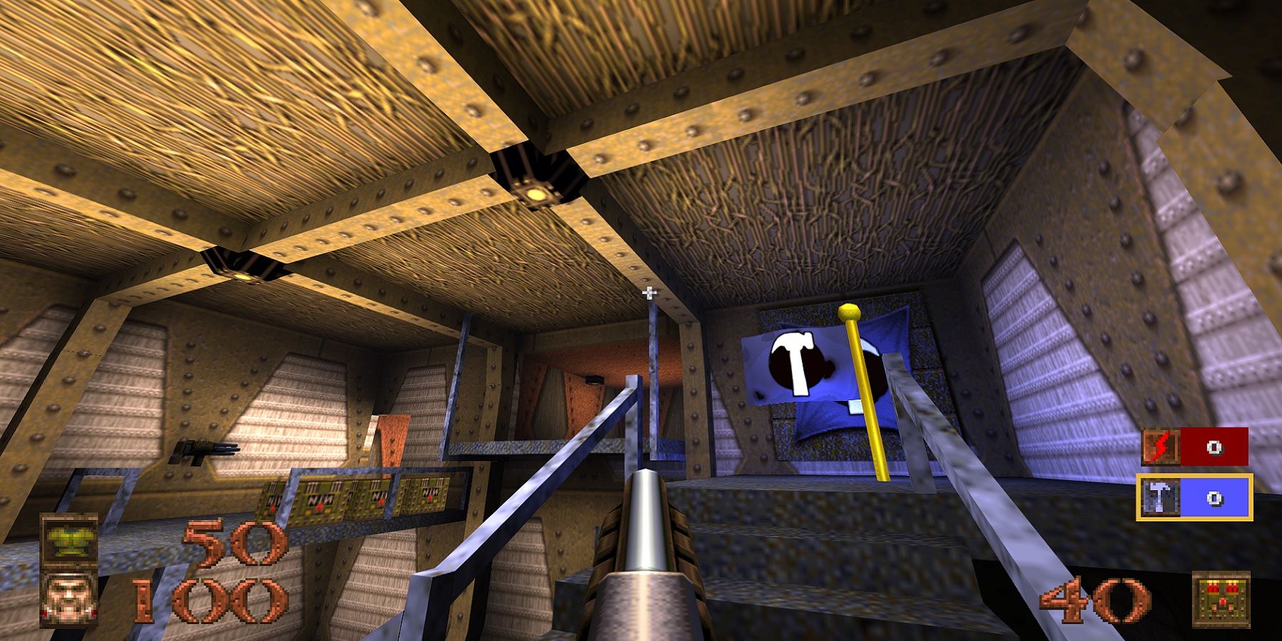 Image from classic Quake showing a blue flag in the CTF mode.