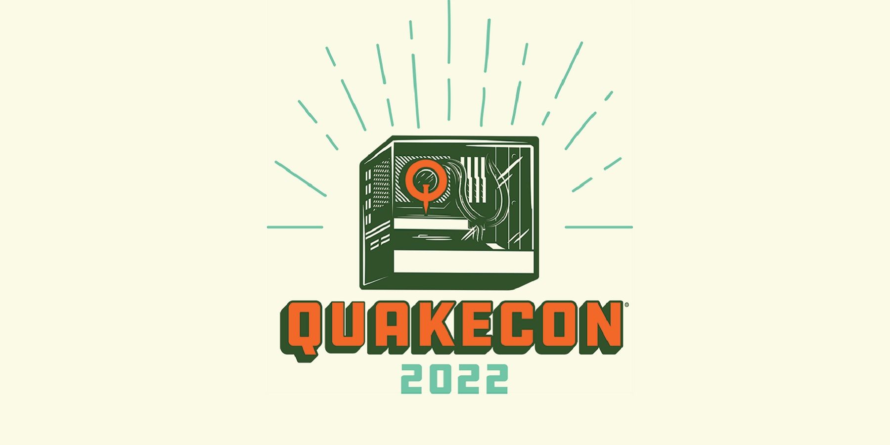 Une image du logo QuakeCon 2022 sur un fond jaune pâle.