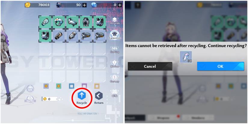 recycling equipments in tower of fantasy