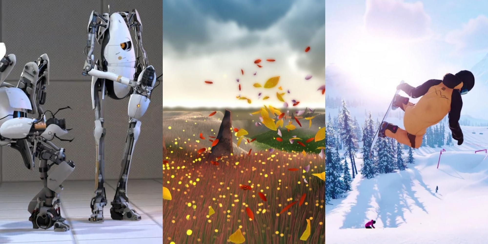 robots in Portal 2, field in Flower, snowboarder in Carve Snowboarding