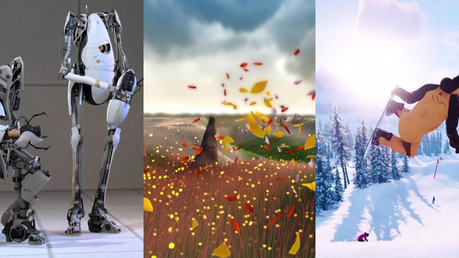robots in Portal 2, field in Flower, snowboarder in Carve Snowboarding
