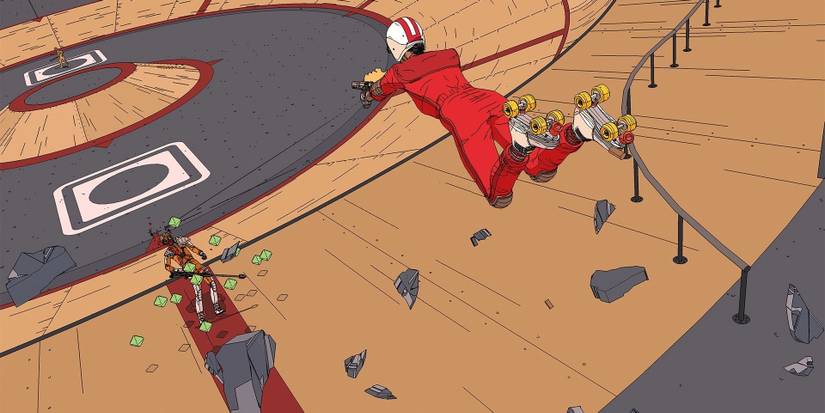 rollerdrome player jumping at the enemy 