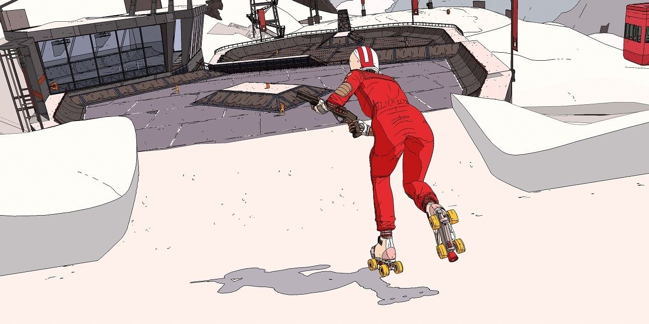 rollerdrome player running towards a ramp with a shotgun Cropped