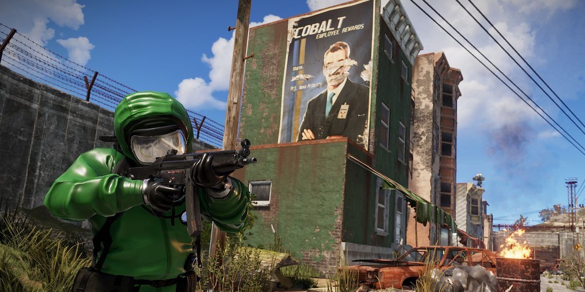 rust player о столкновении с врагом со зданием с плакатом на заднем плане 
