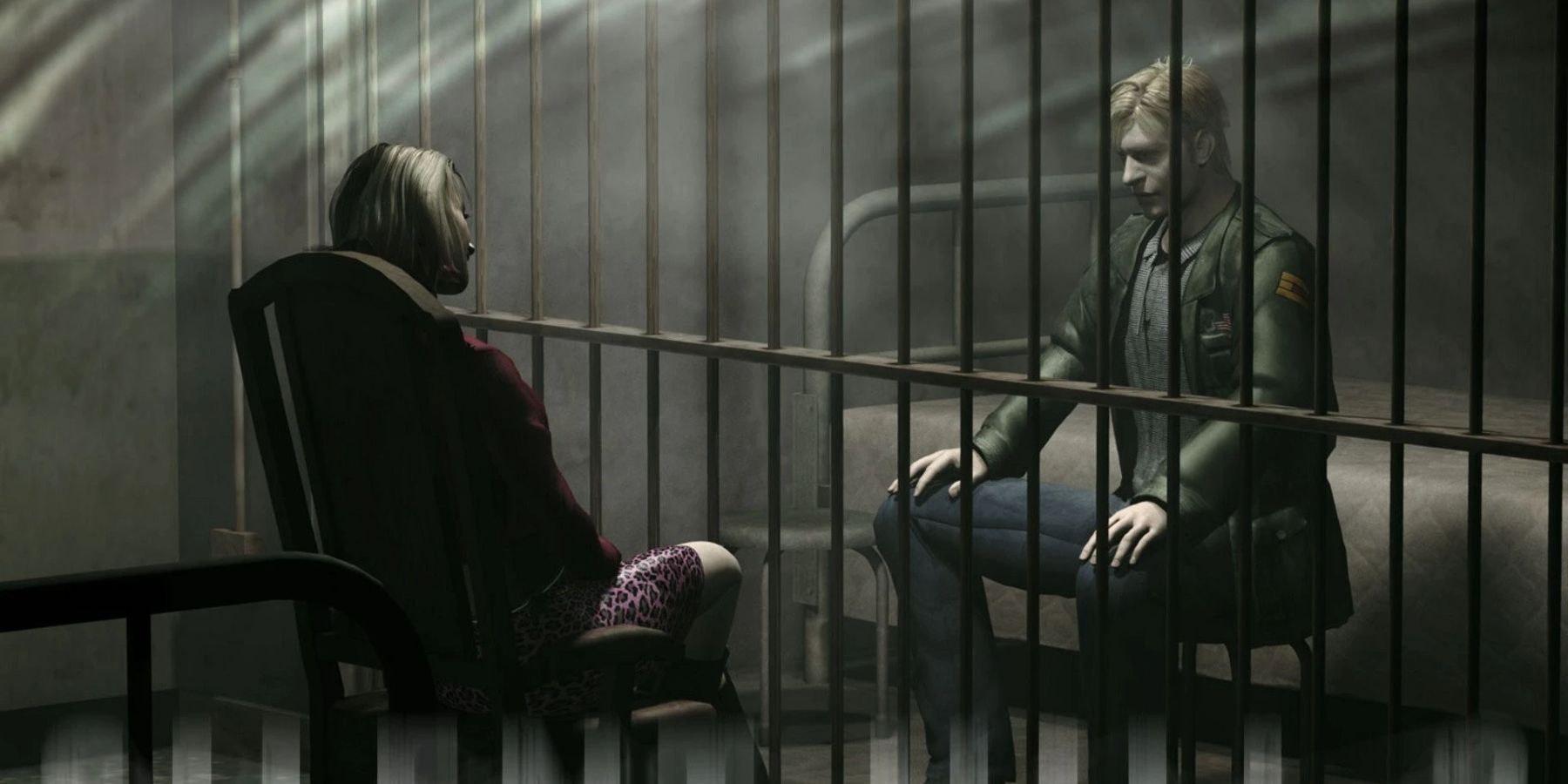 Image from a Silent Hill 2 cut scene showing James talking to Maria while she's in jail.