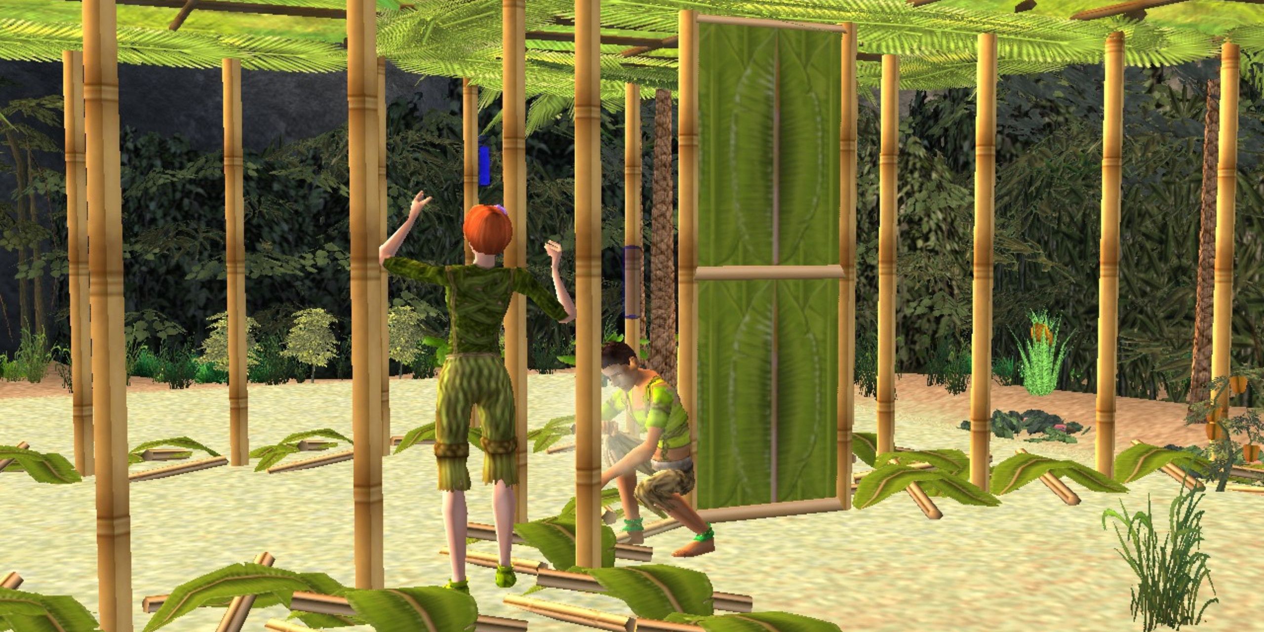 two sims building a shelter using palm leaves