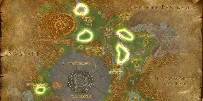 world of warcraft map of terrokar forest highlighting where to skinning levels 330 to 350