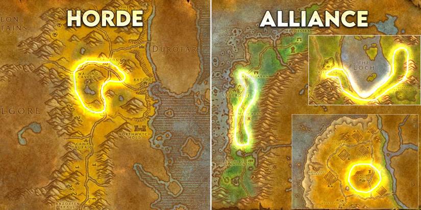 two world of warcraft maps highlighting where to skinning levels 75 to 125 for horde alliance