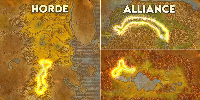 2 world of warcraft maps highlighting where to level skinning 75 to 125 in the barrens wetlands redridge mountains
