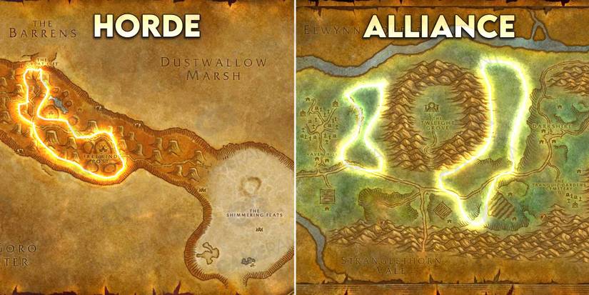 2 world of warcraft maps highlighting where to level skinning 125 to 160 in thousand needles duskwood