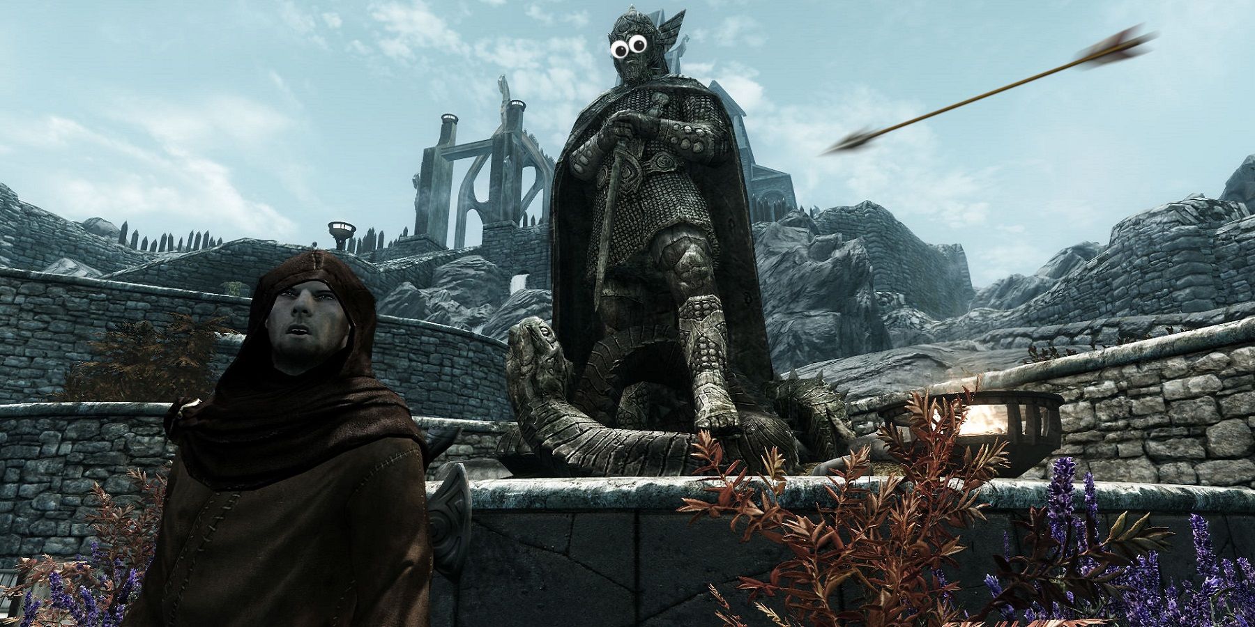 Image from Skyrim showing Heimskr stood in front of the statue of Talos, and is about to be shot by an arrow.