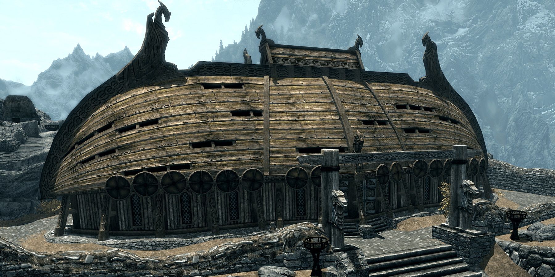Image from Skyrim showing the Jorrvaskr building in Whiterun.