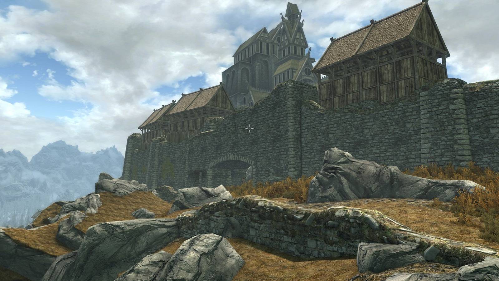 Image from Skyrim showing the outside wall of the city of Whiterun.