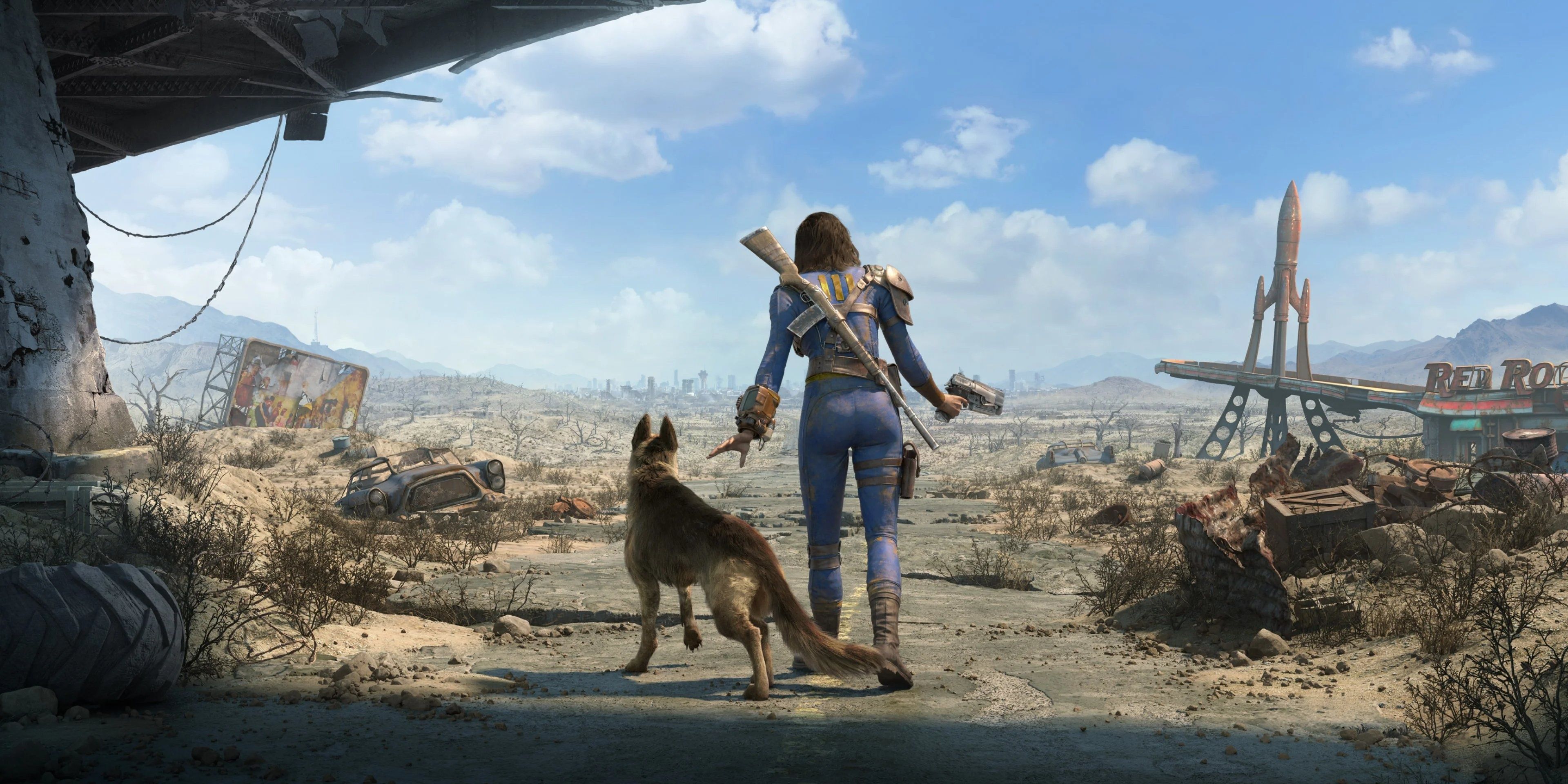 The Sole survivor is walking through the wasteland with her dog called Dogmeat in Fallout 4