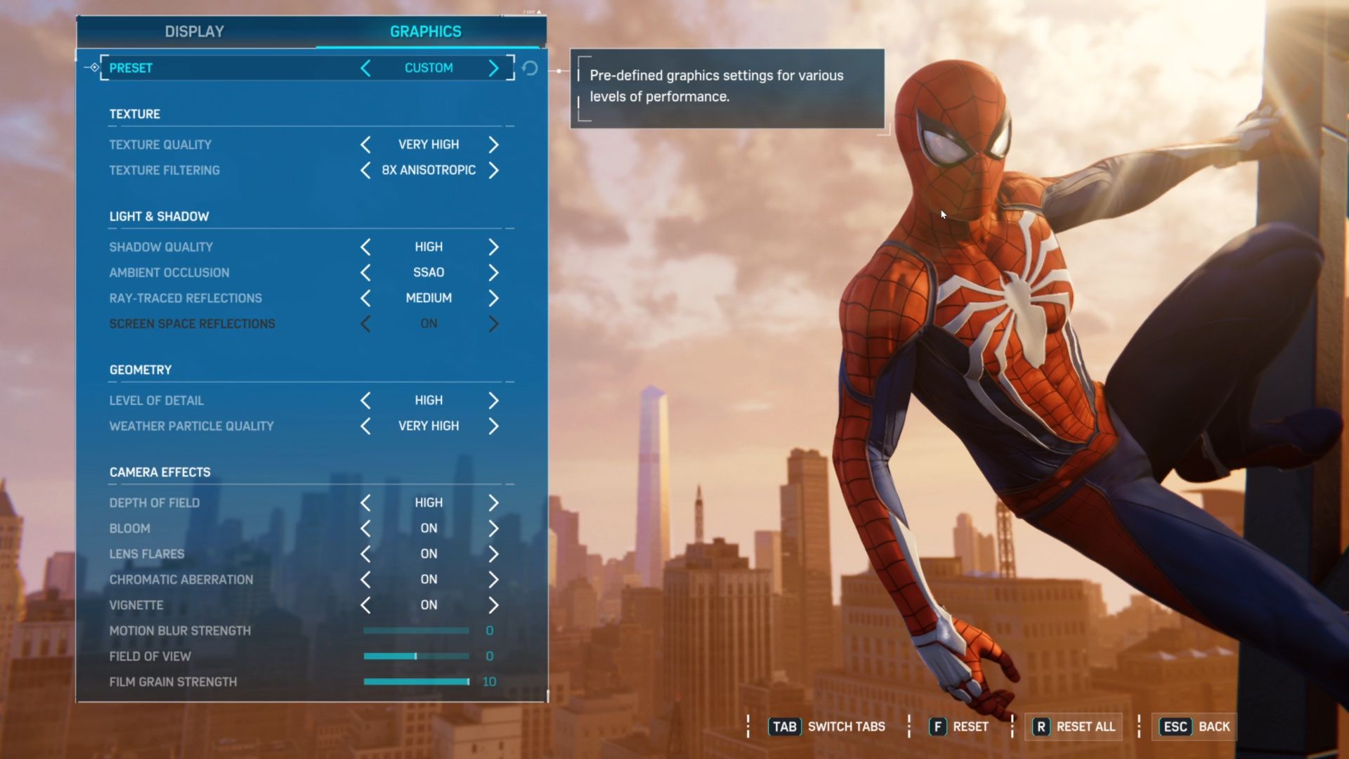 graphics menu in marvels spiderman