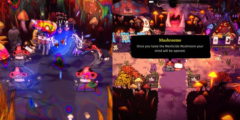 split imahe Sozo Mushroomos Spore Grotto Cult of the Lamb