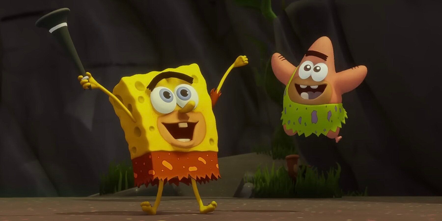 Prehistoric SpongeBob and Patrick rejoycing in a cutscene from SpongeBob SquarePants: The Cosmic Shake.