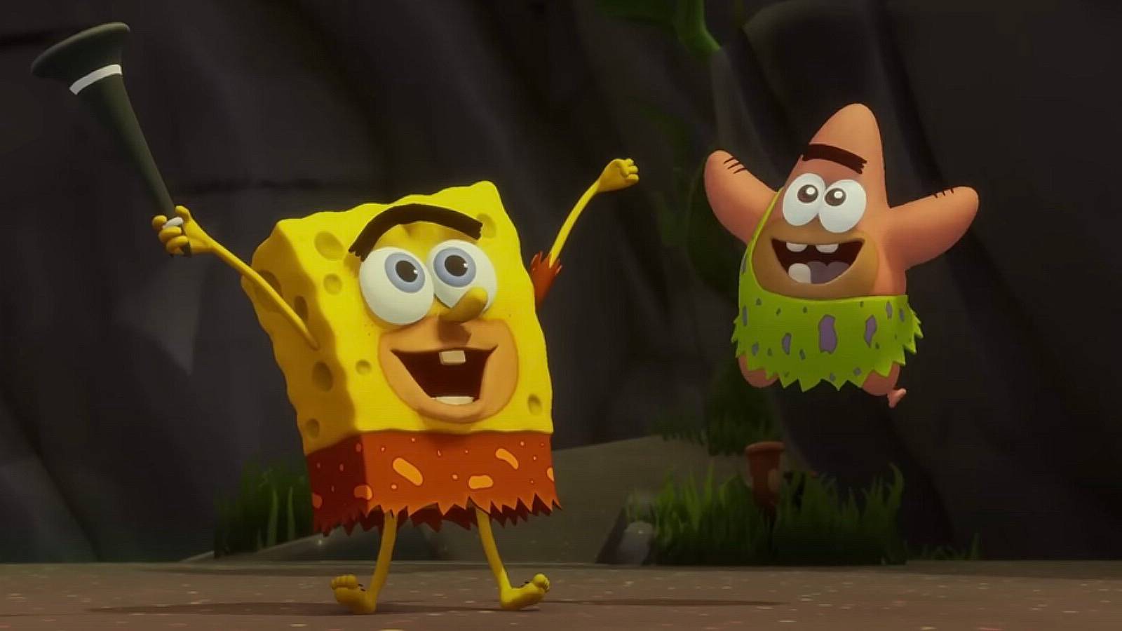 Prehistoric SpongeBob and Patrick rejoycing in a cutscene from SpongeBob SquarePants: The Cosmic Shake.