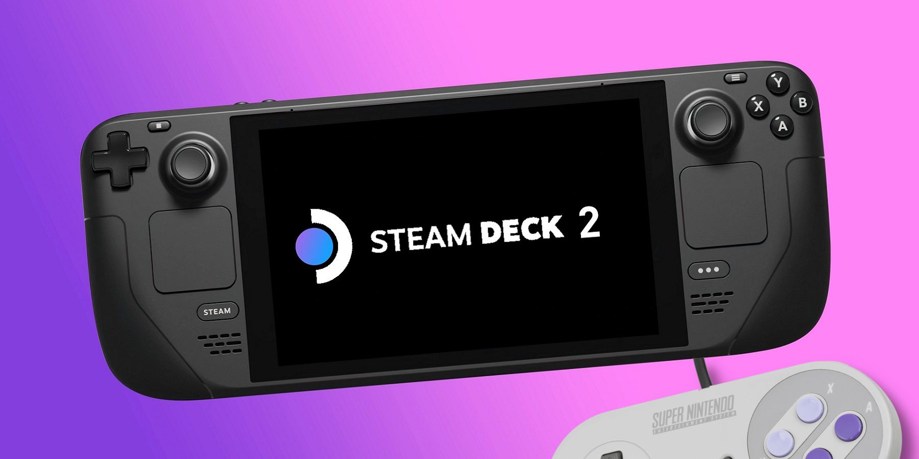 Image of a Steam Deck with a SNES controller attached, all on a purple background.