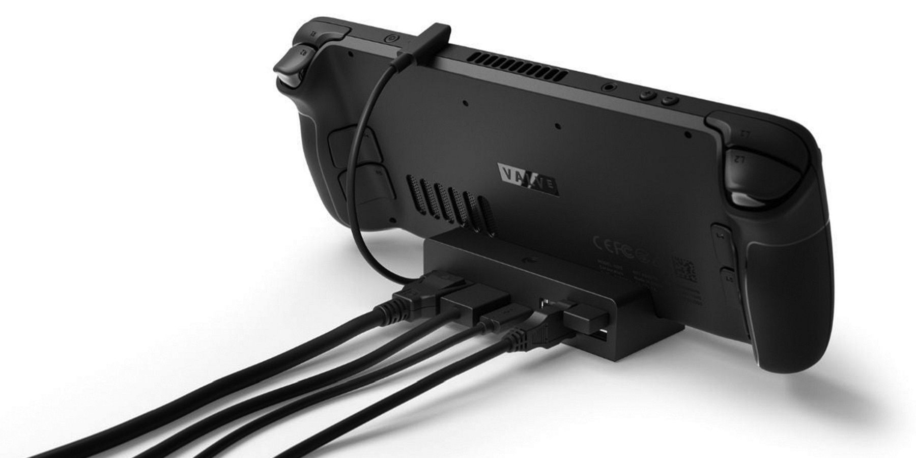 A photo showing the Steam Deck from the back, all on a white background.