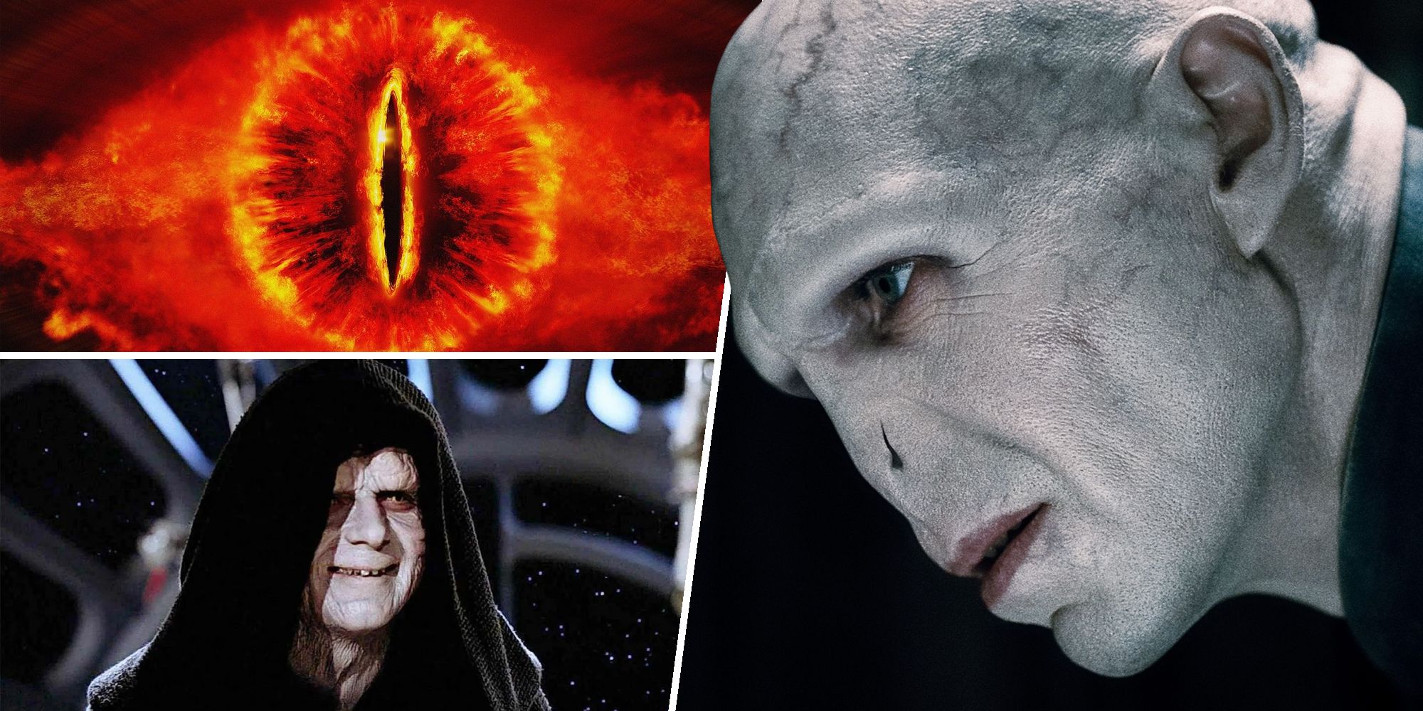 Sauron (The Lord of the Rings), Emperor Palpatine (Star Wars), and Lord Voldemort (Harry Potter)