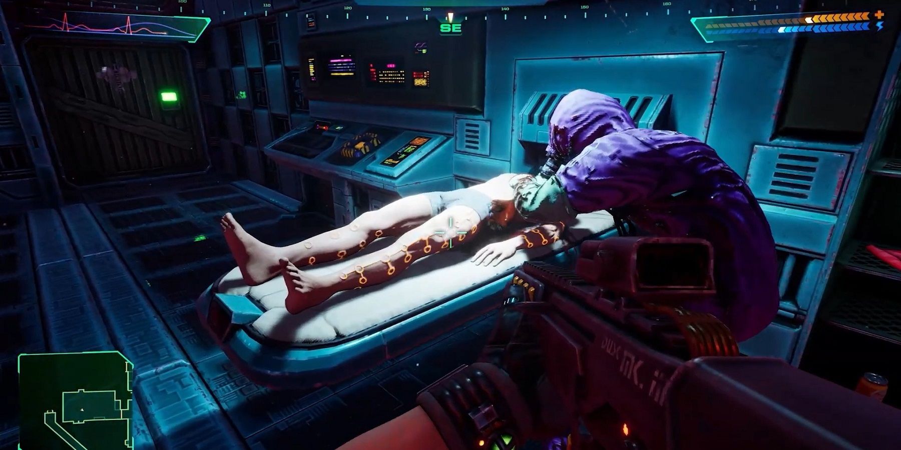 Image from the upcoming System Shock remake showing an NPC in a hazard suit tending to a body on a table.