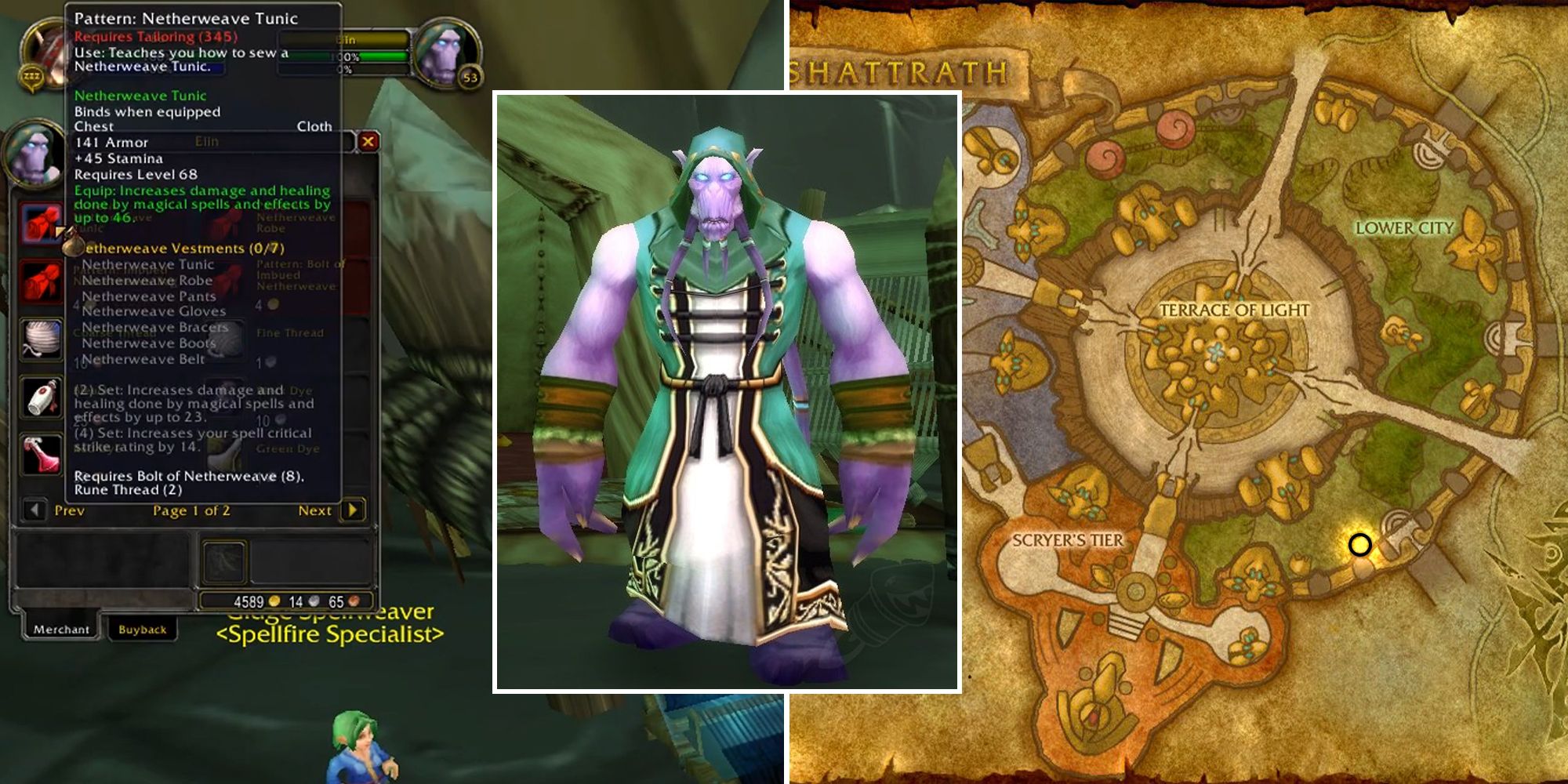 screenshot of the location of eiin in wow wotlk and map location in shattrath
