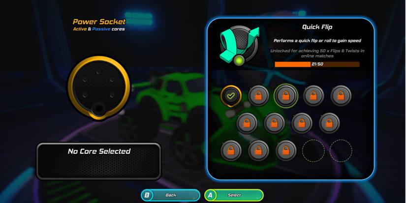 the cores unlock and equip menu in turbo golf racing