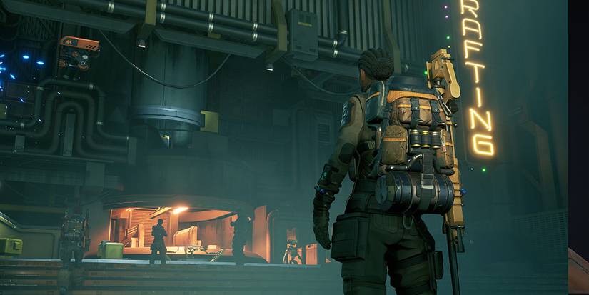 the cycle frontier player looking at one crafting area in the main lobby 