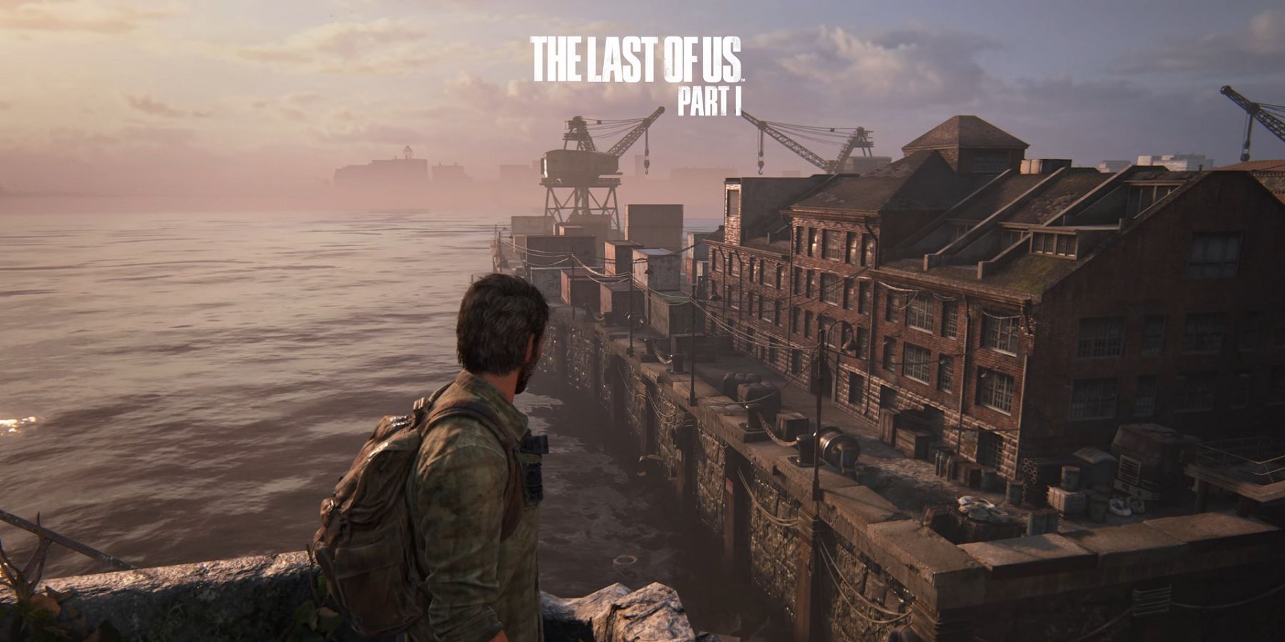 An image from The Last of Us remake showing Joel looking out onto the docks.