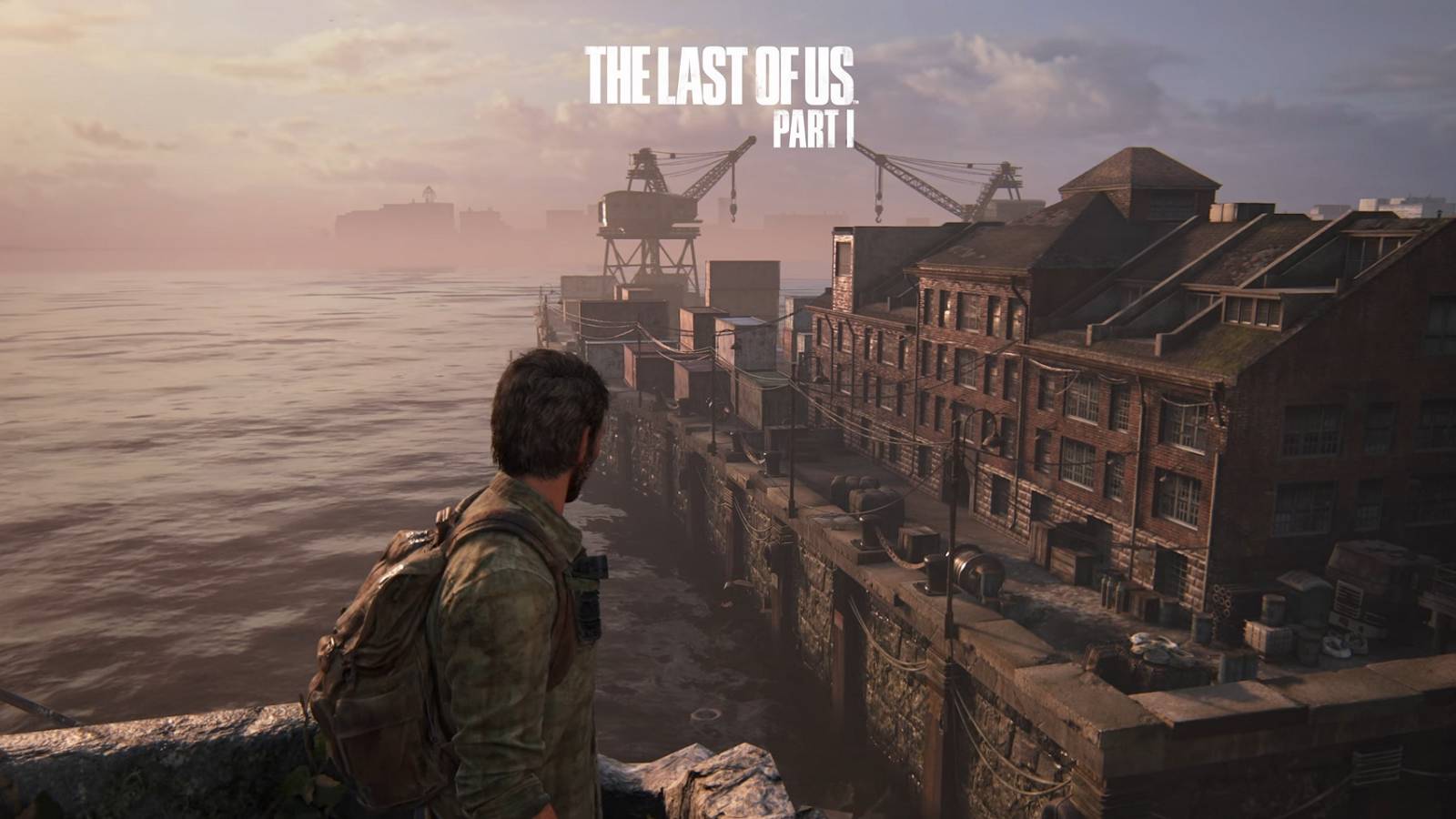 An image from The Last of Us remake showing Joel looking out onto the docks.