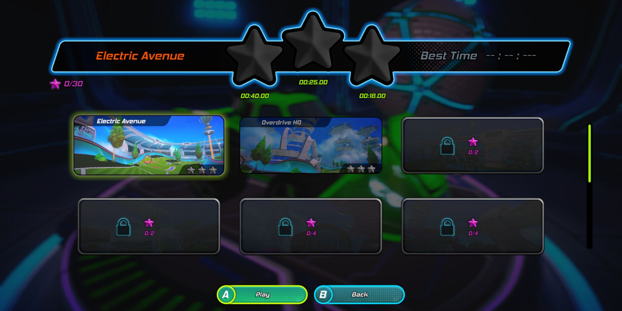 the solo mode stage selection menu in turbo golf racing