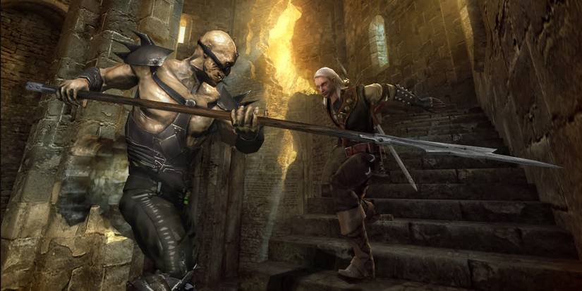 the witcher geralt fighting a humanoid