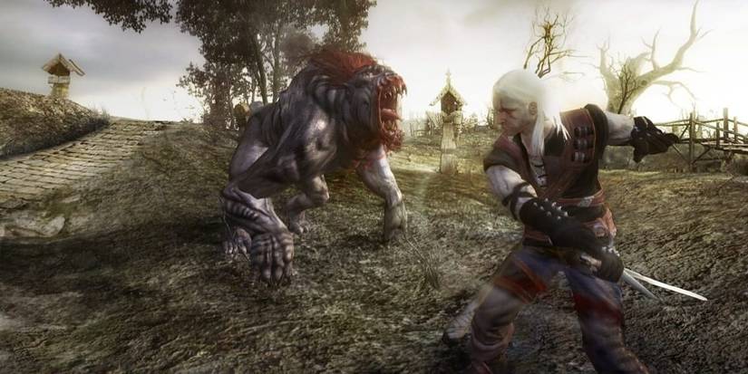 the witcher geralt fighting a monster 