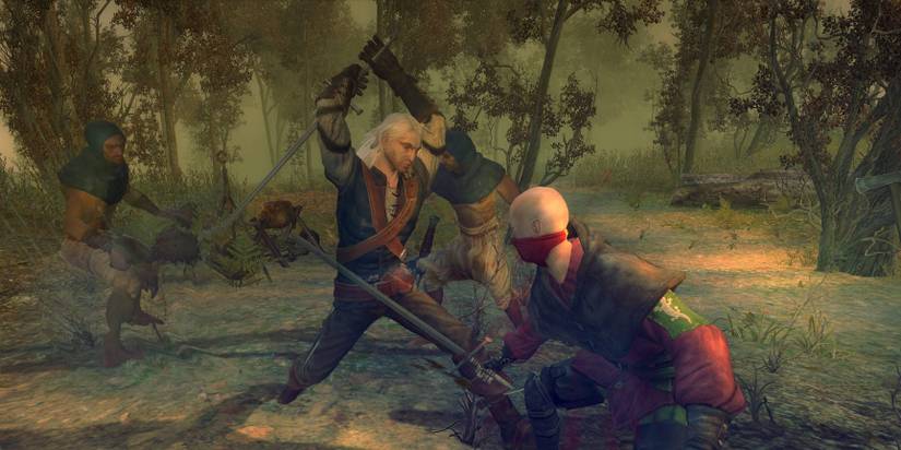 the witcher geralt fighting bandits 