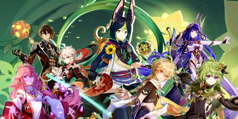 tighnari, zhongli, aether,raiden, yae miko, collei, and kazuha in genshin impact