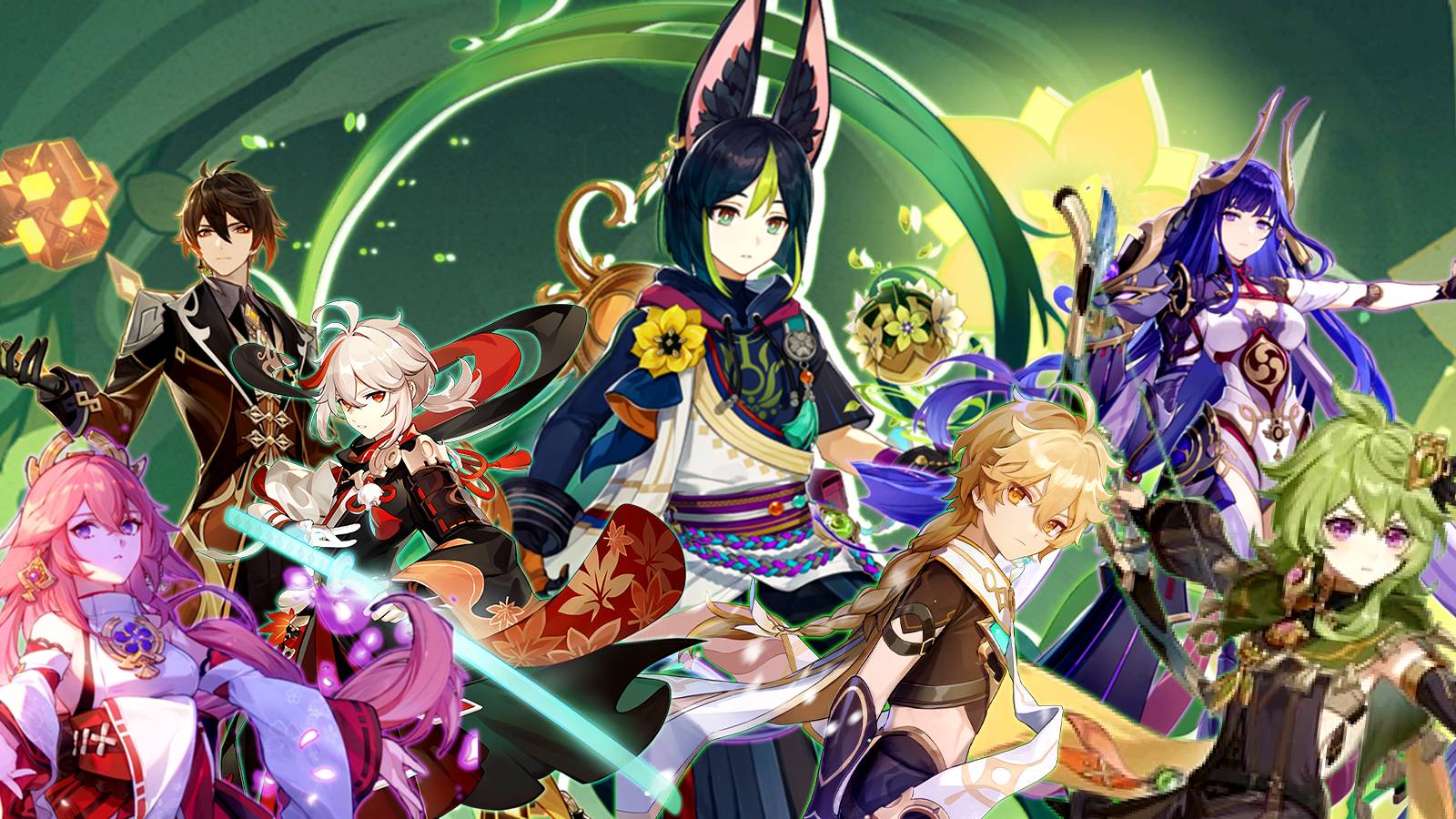 tighnari, zhongli, aether,raiden, yae miko, collei, and kazuha in genshin impact