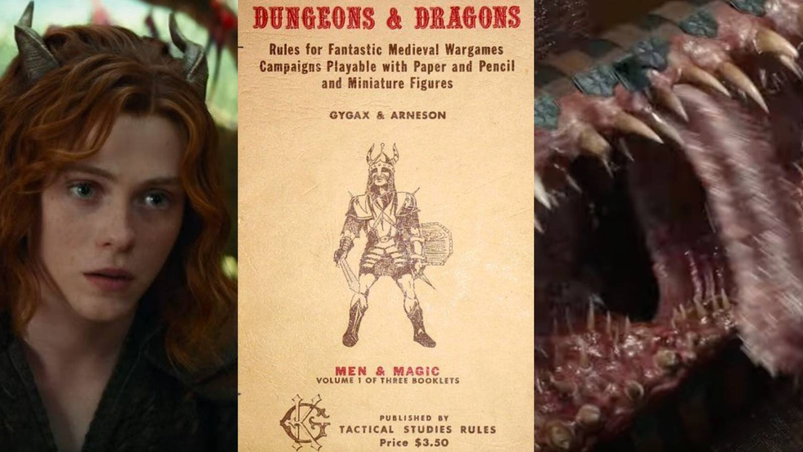 title image things hardcore fans saw in the dnd trailer tiefling character cover of 1971 original dnd manual the mimic